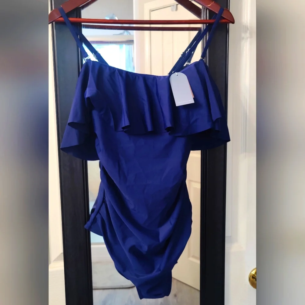 NWT Elegant Navy Blue Ruffle One-Piece Swimsuit